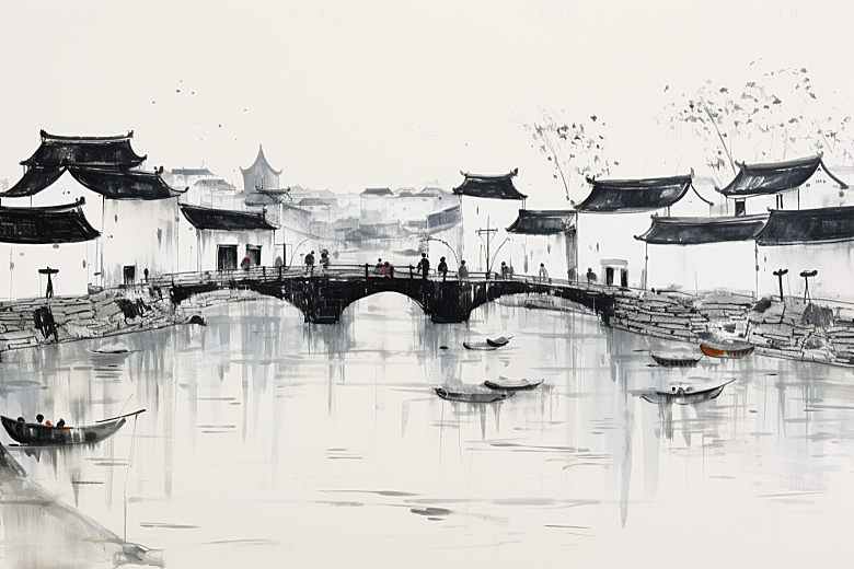 水墨江南小镇水彩插画
