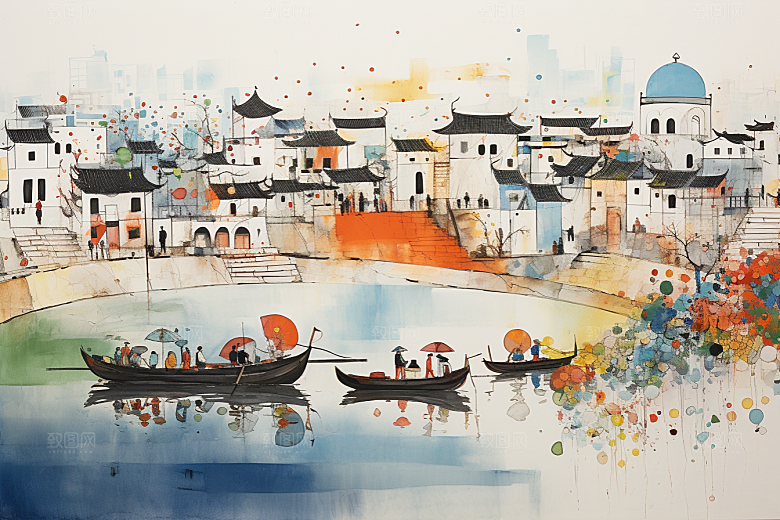 水墨江南水彩小桥流水插画