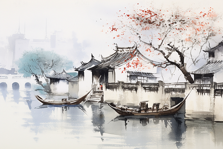 水墨江南水乡中式插画