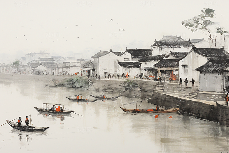 水墨江南水彩粉墙黛瓦插画