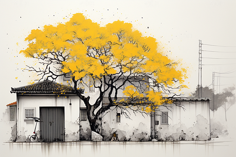 水墨江南水彩粉墙黛瓦插画