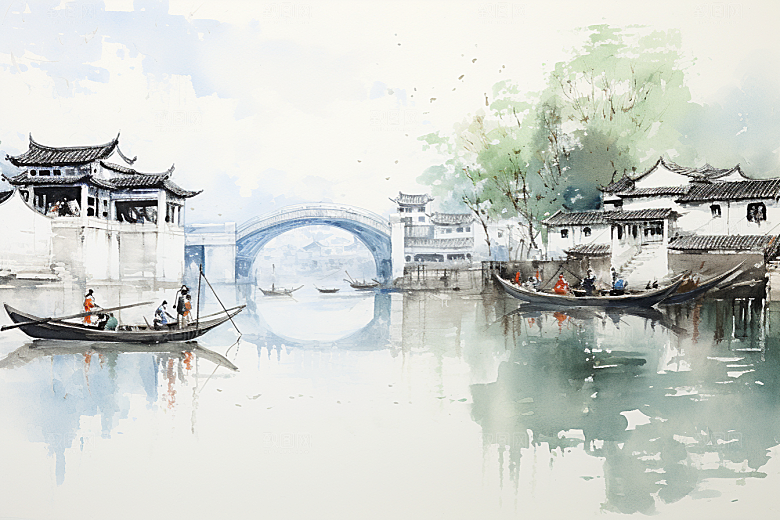 水墨江南粉墙黛瓦水彩插画