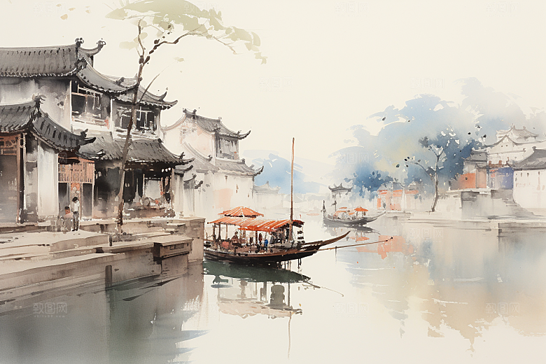 水墨江南水乡水彩插画