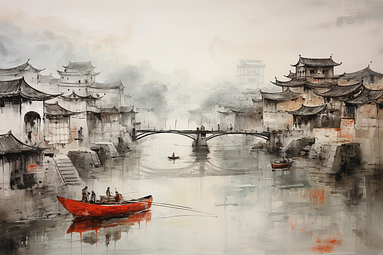 水墨江南小镇中国风插画