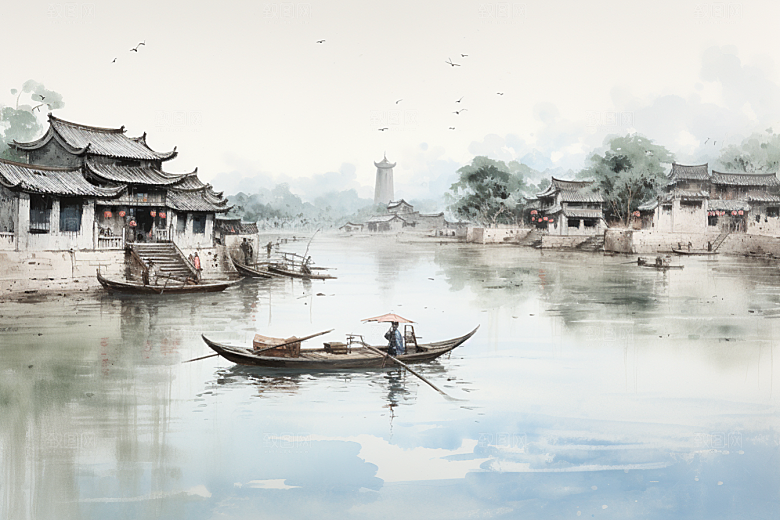 水墨江南手绘晕染插画