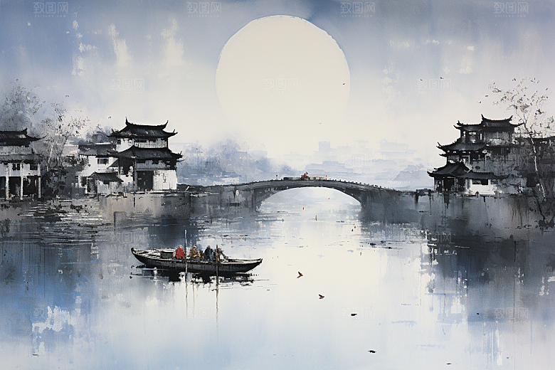 水墨江南粉墙黛瓦水乡插画