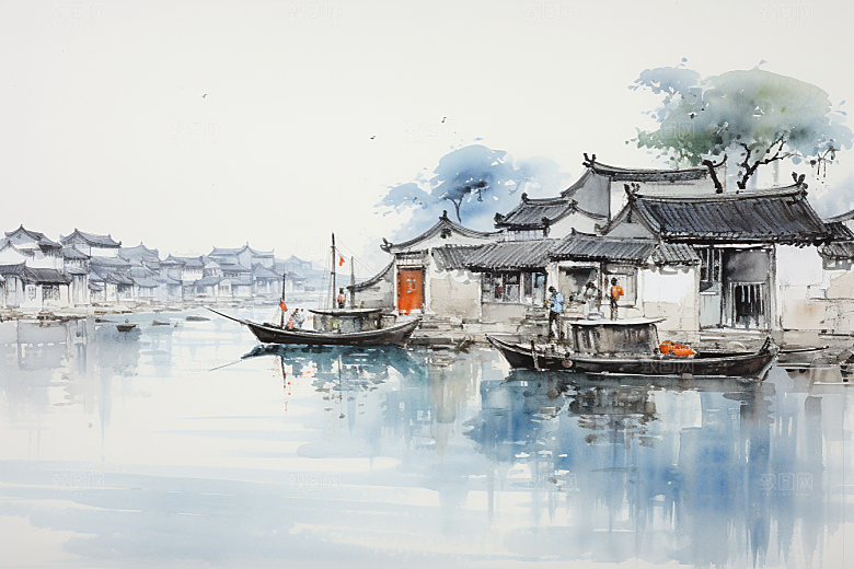 水墨江南粉墙黛瓦水乡插画