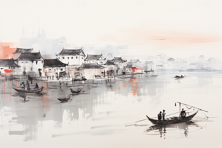 水墨江南小桥流水手绘插画
