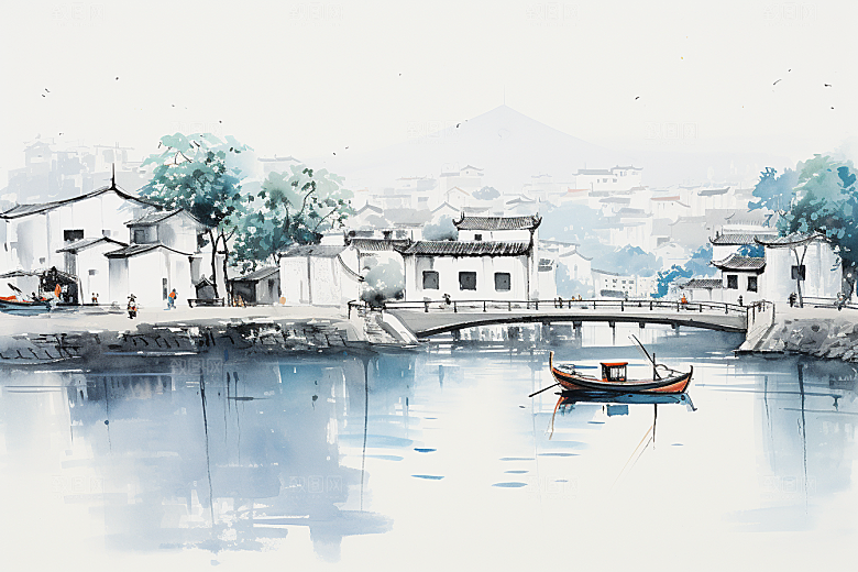 水墨江南晕染手绘插画