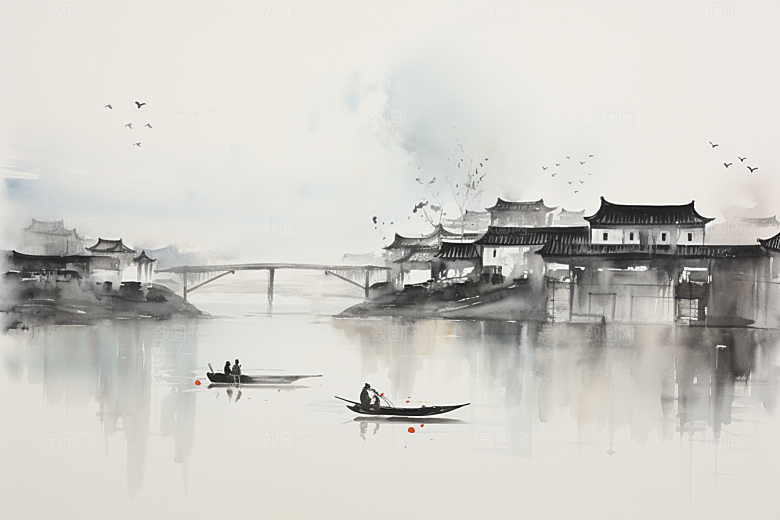 水墨江南小镇晕染插画