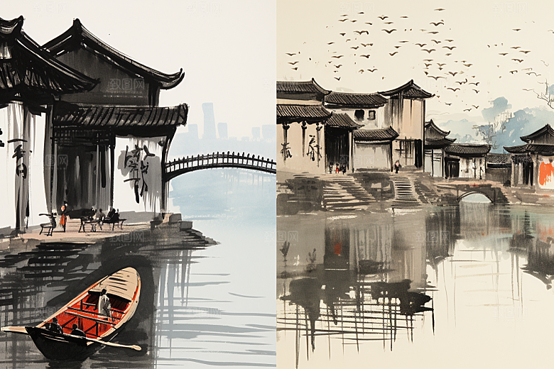 水墨江南小镇手绘插画
