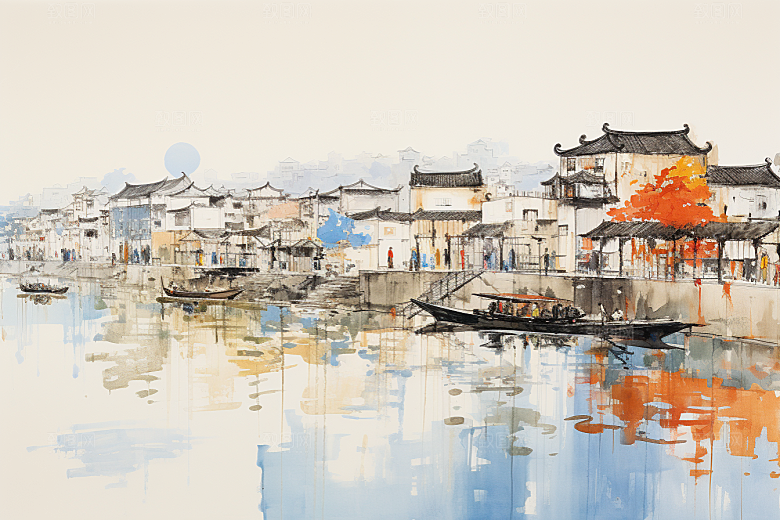 水墨江南中式水乡插画