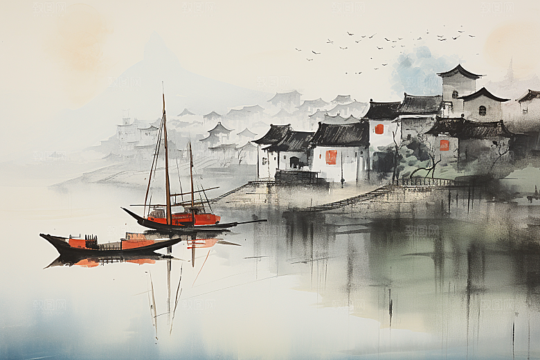 水墨江南小镇水乡插画
