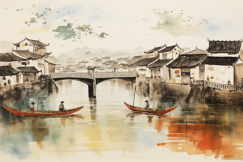 水墨江南中国风水彩插画