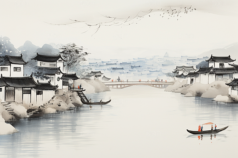 水墨江南中国风水乡插画