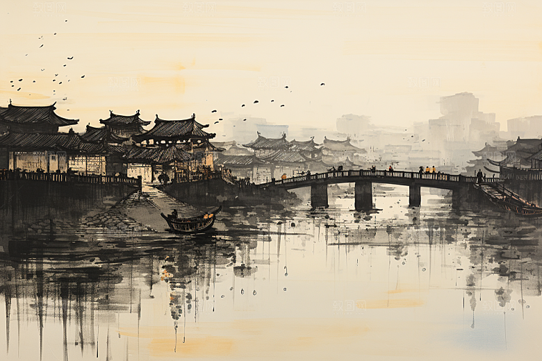 水墨江南小桥流水水彩插画