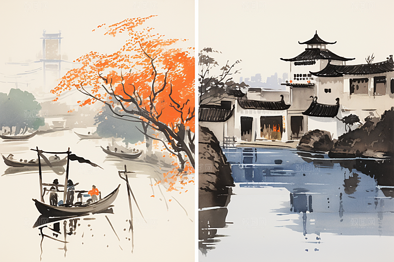 水墨江南小镇水彩插画