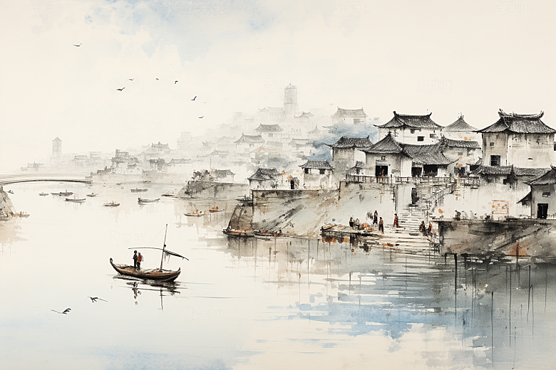 水墨江南小桥流水水乡插画