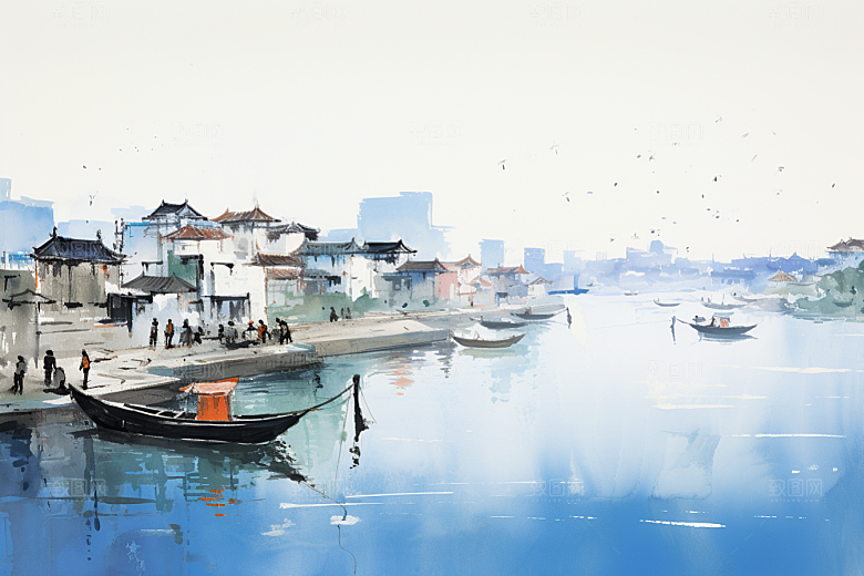 水墨江南小镇水乡插画