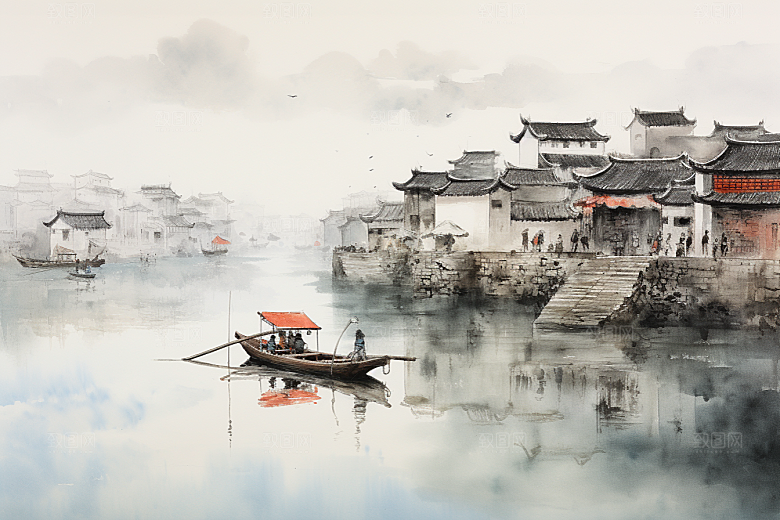 水墨江南晕染水彩插画