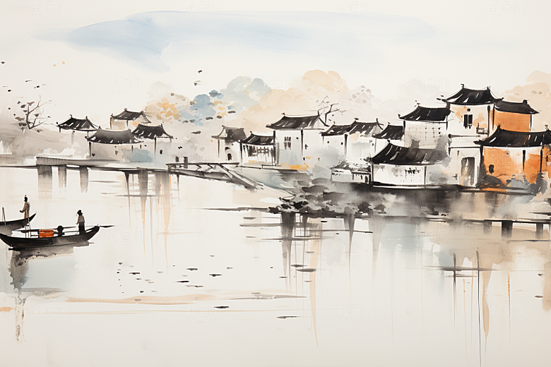 水墨江南水乡中式插画