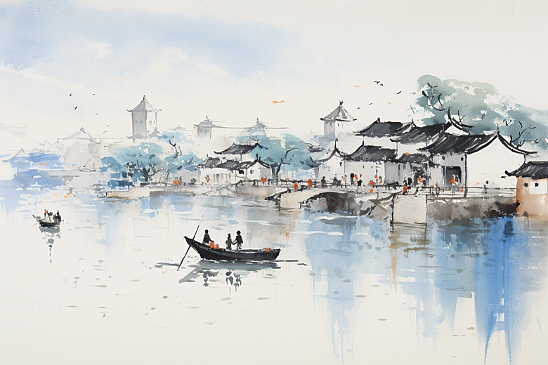 水墨江南水乡粉墙黛瓦插画