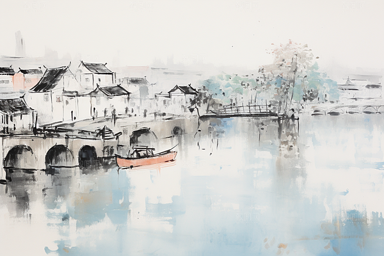 水墨江南小镇中国风插画