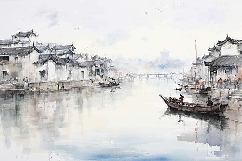 水墨江南中国风小桥流水插画