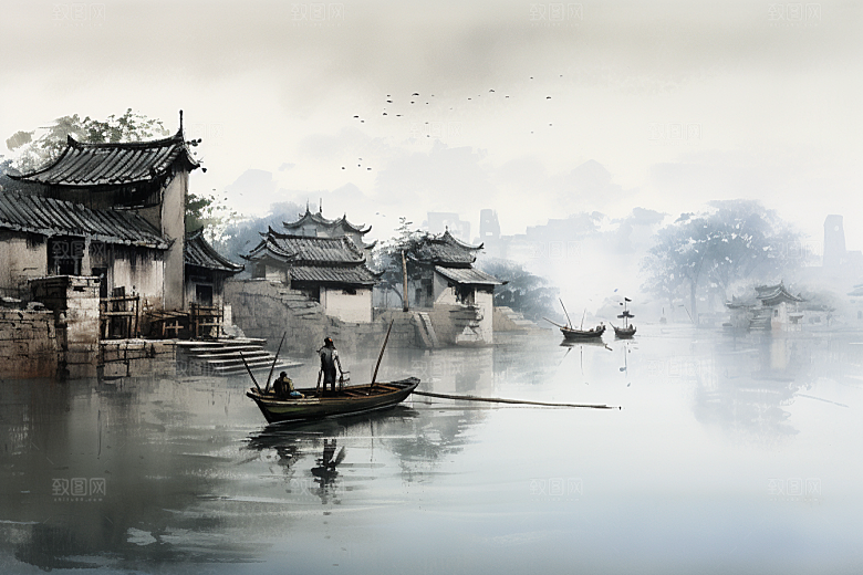 水墨江南小镇粉墙黛瓦插画