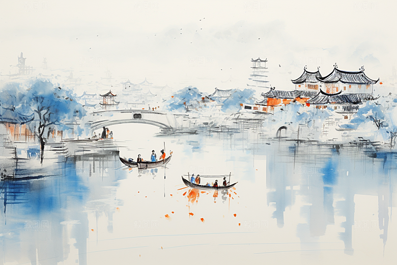 水墨江南中国风水彩插画