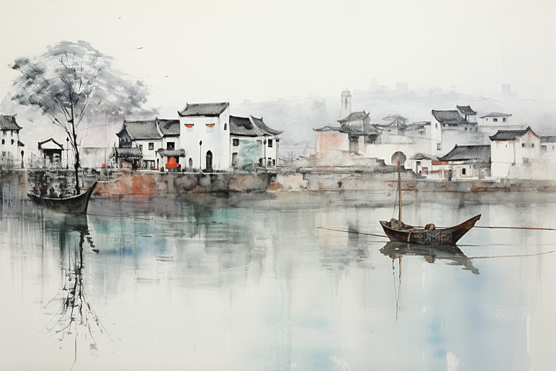 水墨江南中国风粉墙黛瓦插画