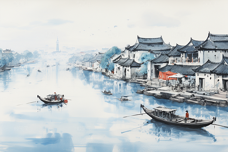 水墨江南粉墙黛瓦水乡插画