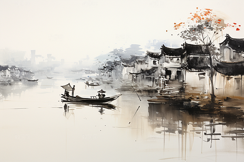 水墨江南水乡小桥流水插画