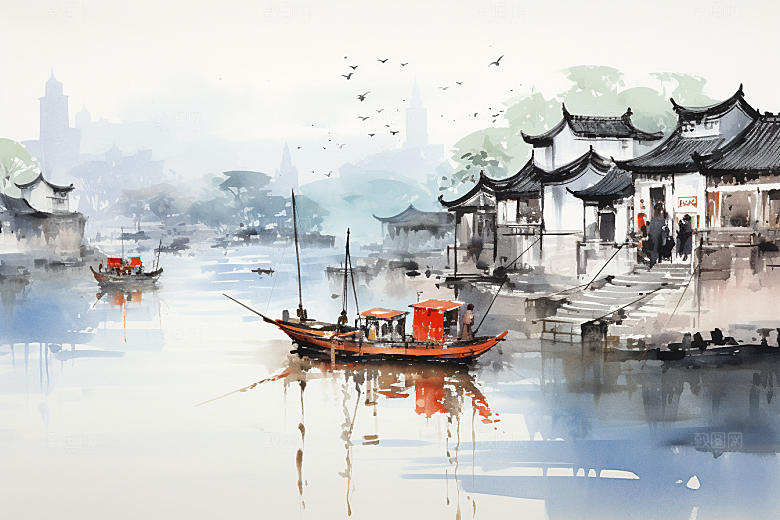 水墨江南小桥流水中国风插画