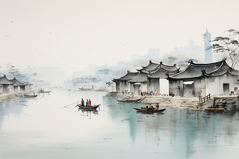 水墨江南小镇中国风插画