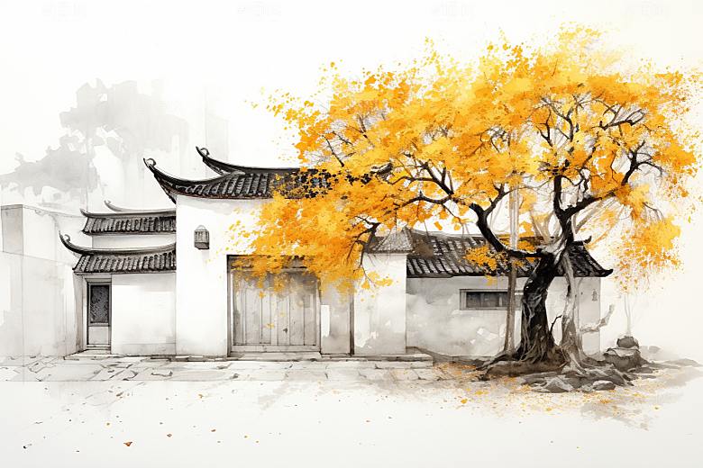 水墨江南中式水彩插画