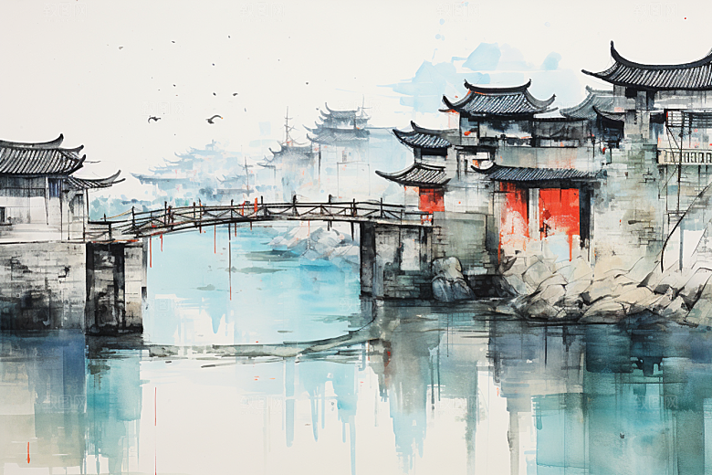 水墨江南小桥流水晕染插画