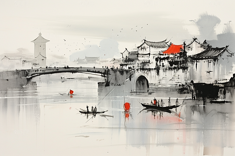 水墨江南小桥流水粉墙黛瓦插画