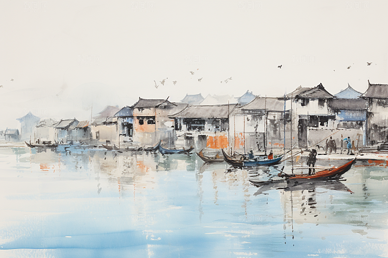 水墨江南中国风水彩插画