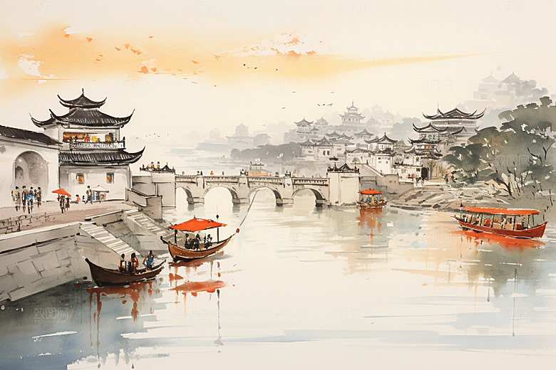 水墨江南中式粉墙黛瓦插画