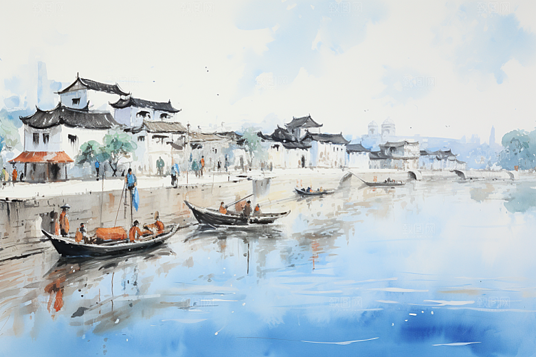 水墨江南小镇中式插画