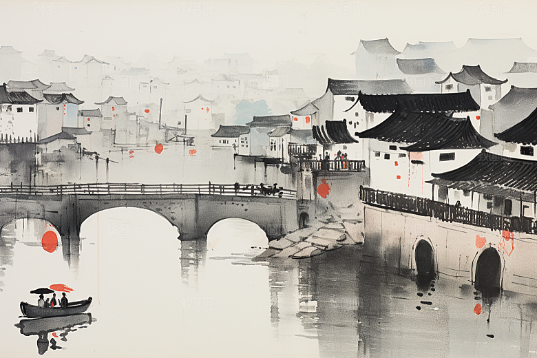 水墨江南中国风水彩插画