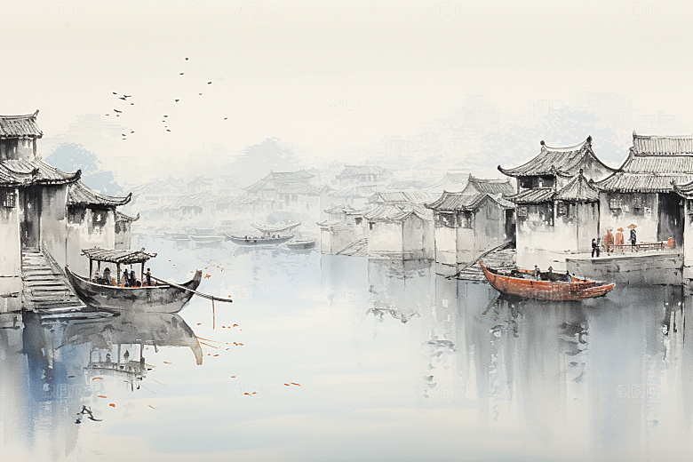 水墨江南小桥流水水彩插画