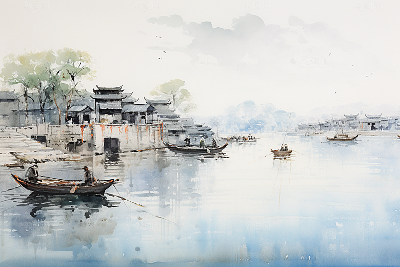 水墨江南小桥流水水彩插画