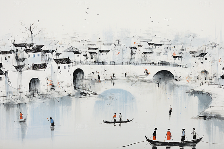 水墨江南小桥流水水乡插画