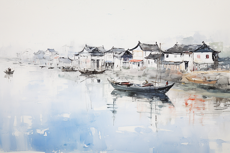 水墨江南手绘粉墙黛瓦插画