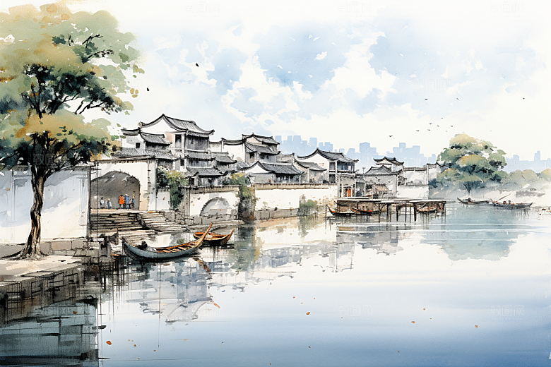 水墨江南粉墙黛瓦中国风插画