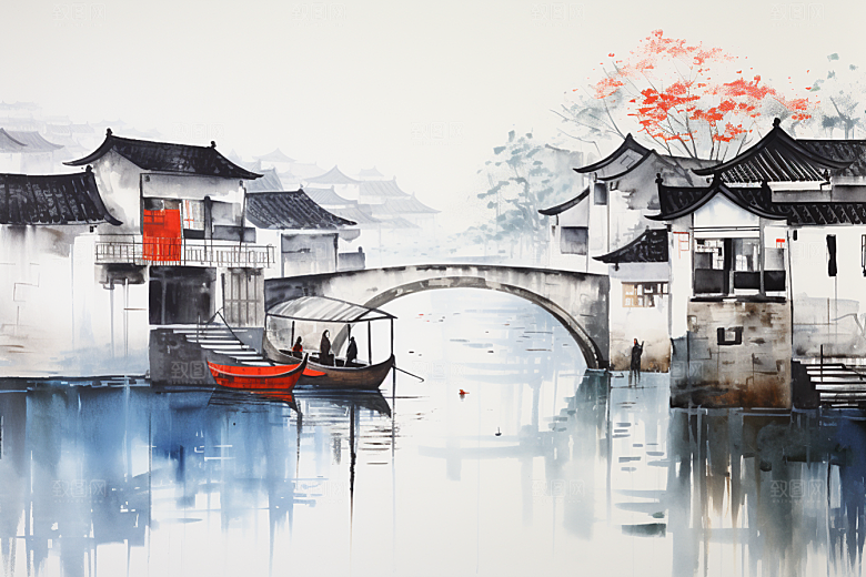 水墨江南中式水乡插画