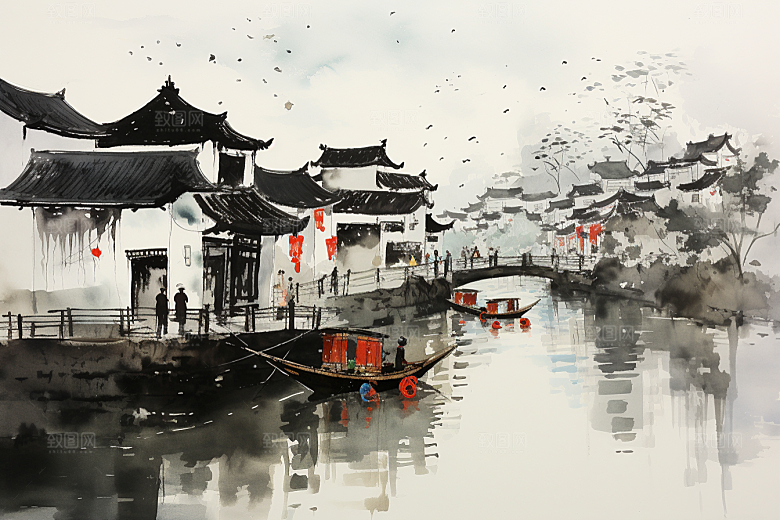 水墨江南小镇水彩插画