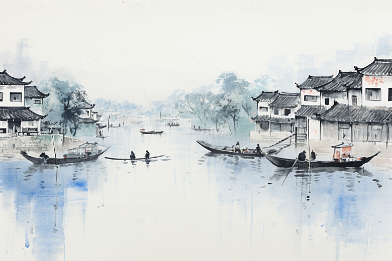 水墨江南手绘小镇插画